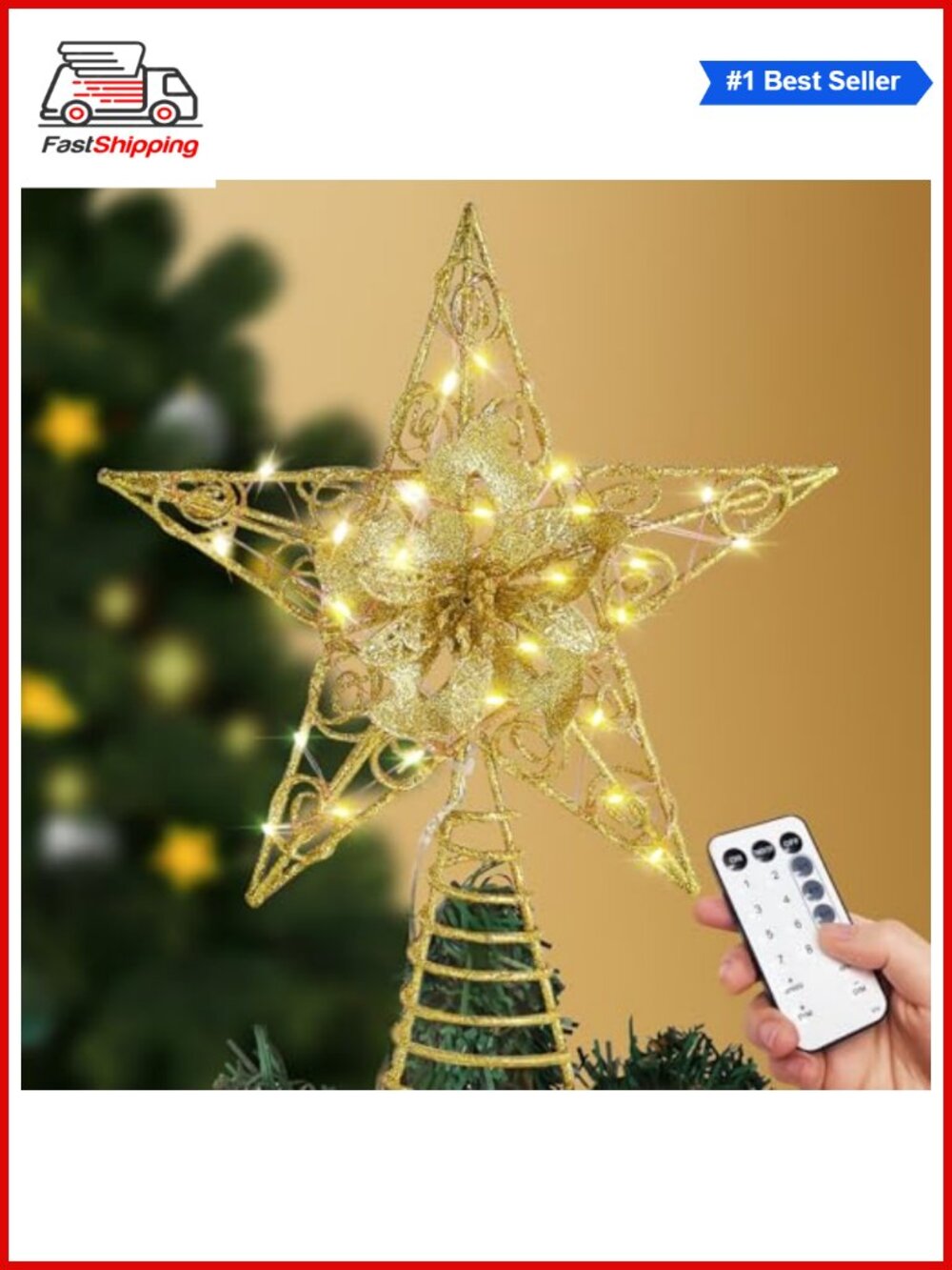 🎅 Lighted Christmas Star Tree Topper 40 LED Remote 3D Hollow Metal